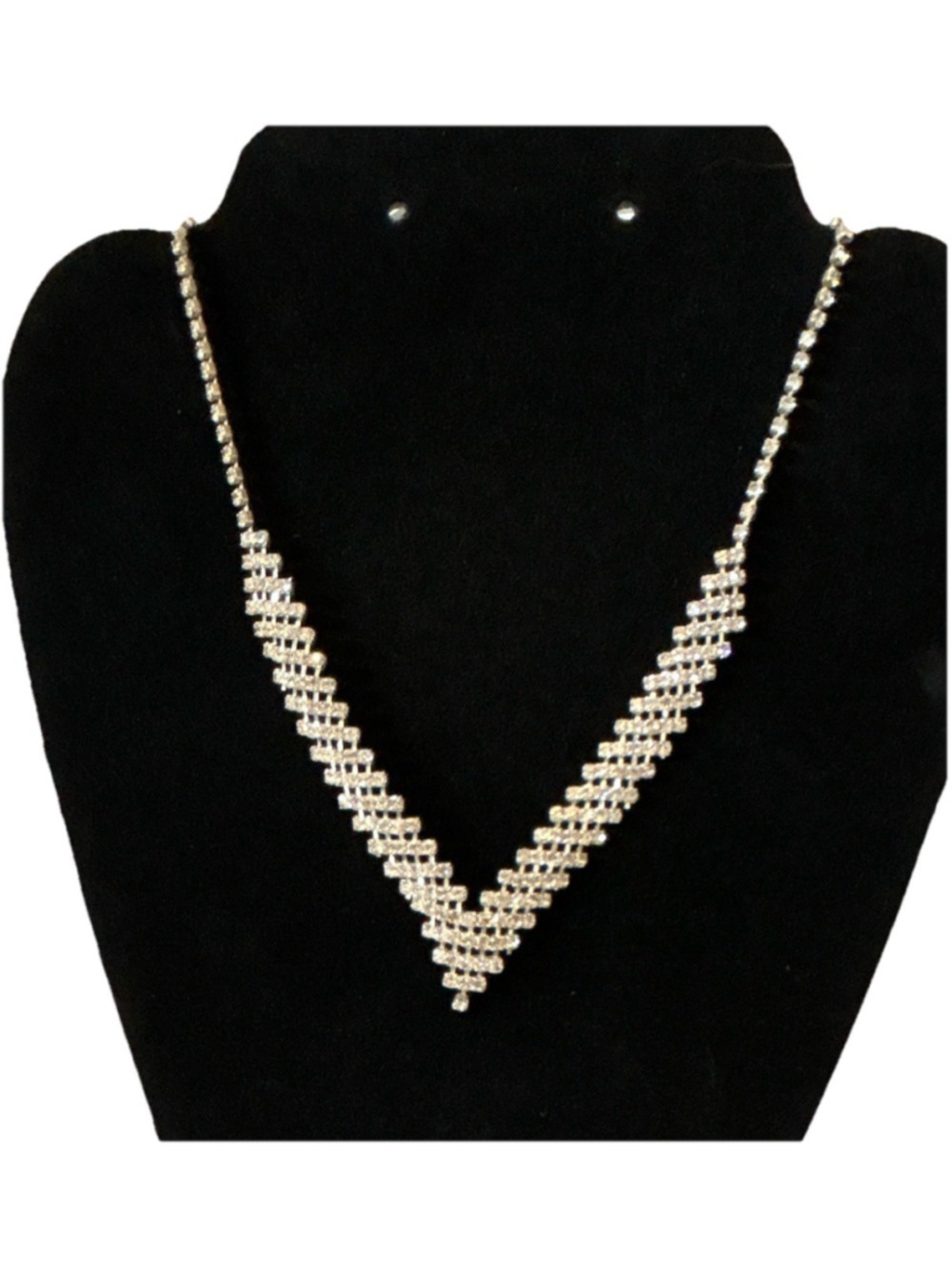 Silver‎ Tone V-Shape Clear Crystal Rhinestone Curb Chain Necklace Adjustable